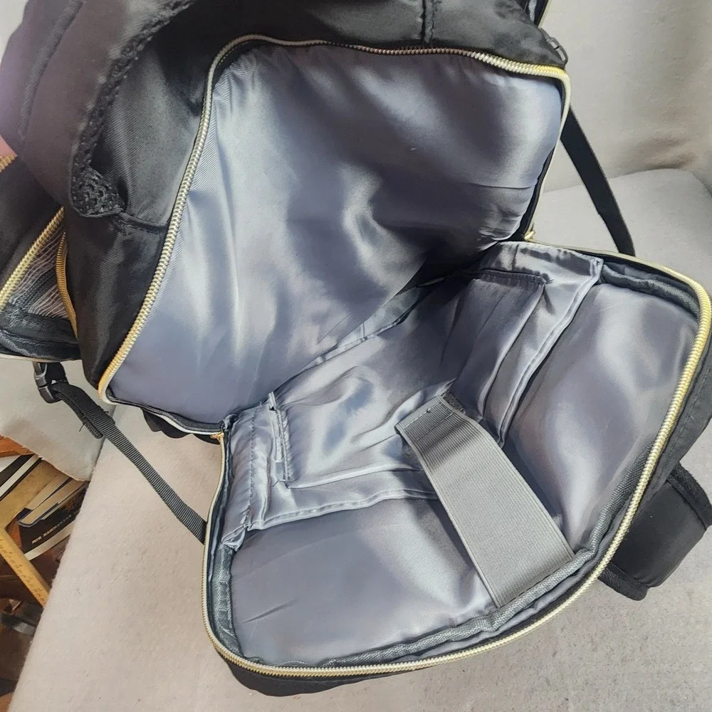 Momuvo Backpack Black Quilted Laptop Travel Bag Gold Hardware Womens Large